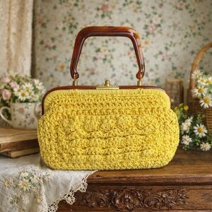 Vintage 1960s Yellow Crochet Purse With Brown Plastic Top Handle